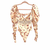 For Love & Lemons Peach Floral Satin Lace Puff Sleeve Open Back Thong Bodysuit NWT- Size ~S (see notes)