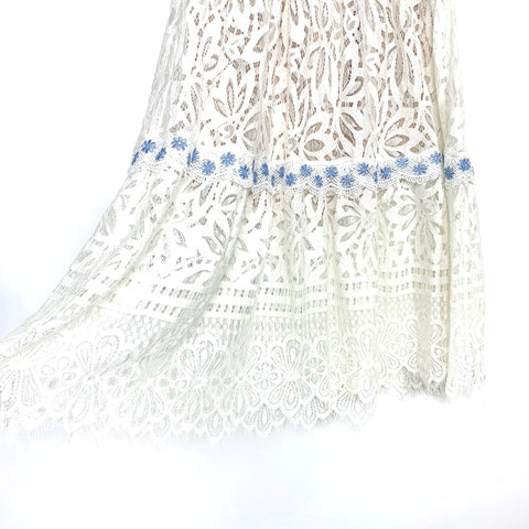 foxiedox white lace dress Foxiedox White Lace Overlay Evening Dress with Gold Metallic Trim