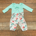 Miniville Green Onesie with Matching Floral Printed Pants- Size 0-3M (sold as a set)