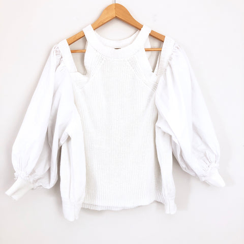 Free People White Cold Shoulder Sweater with Balloon Sleeves- Size S