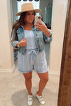 Amaryllis Blue Crush Ruffle Strap Rolled Hem with Tie Belt Linen Romper- Size 1X