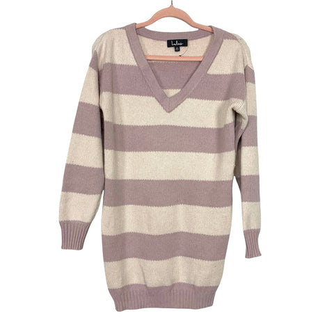 Lulus Mauve Striped Cozy Life V-Neck Sweater Dress- Size XS