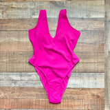 TA3 Neon Pink High Cut Plungey Lace Up Back Padded One Piece NWT- Size XL (Reg/Long, sold out online)