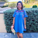 See and Be Seen Short Sleeve Cotton Blue Floral Embroidered Dress- Size S