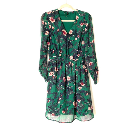 Vero Moda Green Floral V Neck Long Sleeve Dress- Size M (See notes)