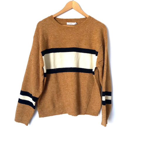 Lush Camel Sweater with Black and Cream Stripes- Size M