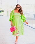 Sleeper Neon Green Linen Smocked Bodice Sleeper Dress with Matching Hair Tie- Size XL (sold out online)