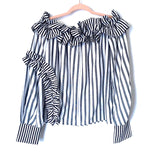 No Brand Blue and White Striped Off the Shoulder Blouse with Black and White Ruffles- Size S