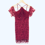 TJD Maroon Lace Sheer Overlay Dress with Off the Shoulders- Size XS