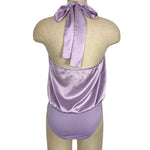 Blue Blush Lavender Halter Front Twist Satin Bodysuit- Size M (see notes)