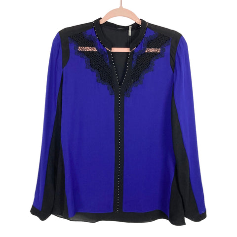Elie Tahari Black/Blue 100% Silk with Bead and Lace Detail Denise Blouse NWT- Size S