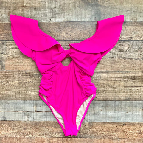 Eloquii Neon Pink Front Cutout Ruffle Padded One Piece- Size 12