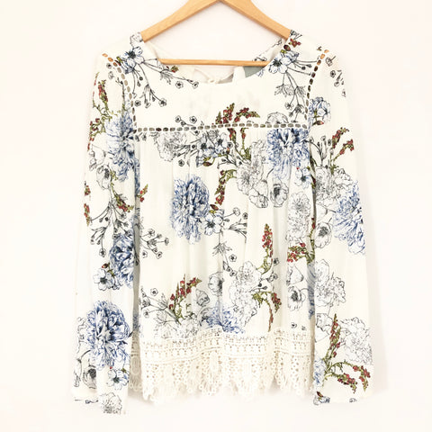Maeve White Floral Long Sleeve Blouse with Crochet Lace Hem- Size S