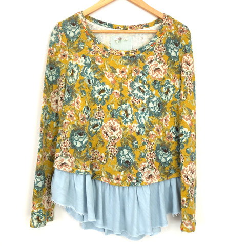 Lilka Yellow Floral Pattern Blouse with Chambray Peplum - Size S