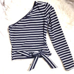 Sofia Jeans Navy and White Striped One Shoulder Front Tie Top- Size XS