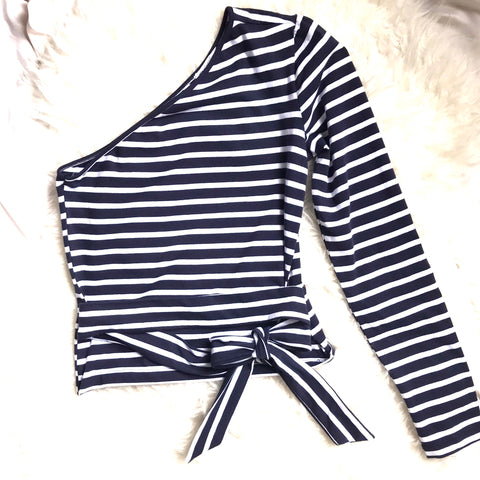 Sofia Jeans Navy and White Striped One Shoulder Front Tie Top- Size XS