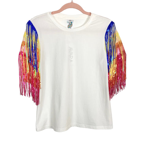 Avara White with Multi-Colored Sequin Fringe Sleeves Top NWT- Size S