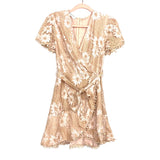 Good Night Macaroon Beige Eyelet Faux Wrap Belted Dress- Size M