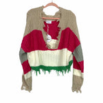 Storia Crop Of Fall Red/Green/Ivory Stripe Detailed Crop Sweater NWT- Size S