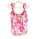 Pink Lily White/Multicolor Leaf Print Shoulder Tie Top- Size S