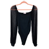 Pink Lily Black Sheer Sleeve Thong Bodysuit- Size S