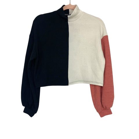 SHEIN Black/Tan/Mauve Mock Neck Bubble Sleeve Sweater- Size USA XS