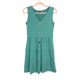 No Brand (Mitilly) Green Summer Sleeveless V Neck Button Down Casual Pocket Swing Short Dress- Size S