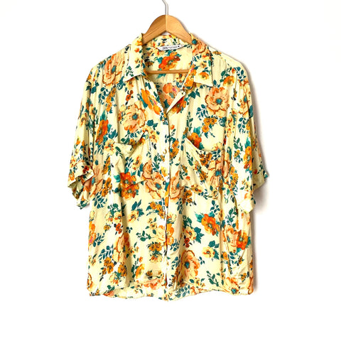 Zara Yellow Floral Button Up Silky Blouse- Size XL (sold out online)