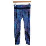 Lululemon Blue/Green/Purple Geometric Design Front Zipper Pockets Mesh Detail Leggings- Size 4 (Inseam 25”)