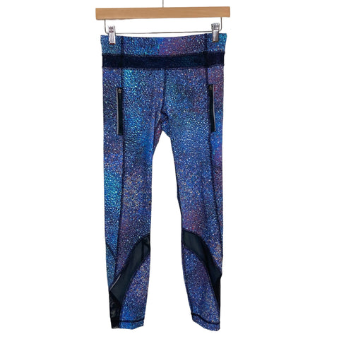 Lululemon Blue/Green/Purple Geometric Design Front Zipper Pockets Mesh Detail Leggings- Size 4 (Inseam 25”)