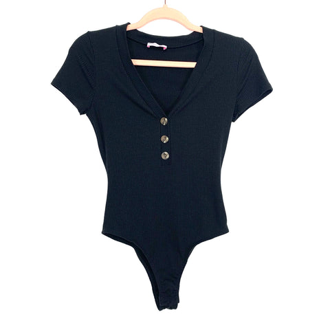 Pink Lily Black Ribbed Faux Button Thong Bodysuit- Size S