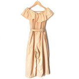 Everly Yellow Striped Off the Shoulder Belted Cropped Jumpsuit- Size S