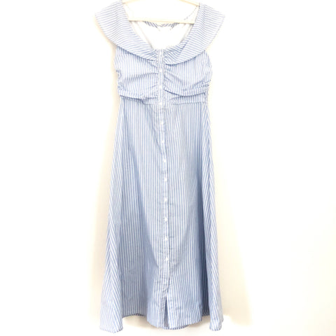 Goodnight Macaroon Baby Blue Striped Off The Shoulder Midi Dress- Size S