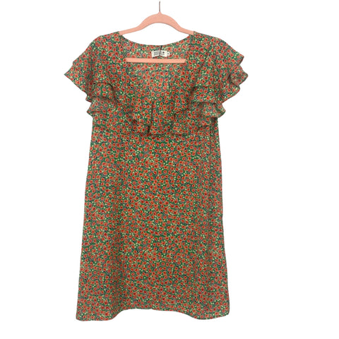 Molly Bracken Green and Orange/Red Floral Ruffle Dress NWT- Size XS