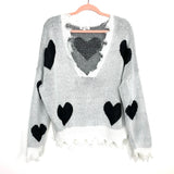 Miracle White with Black Heart Print Distressed V-Neck Sweater- Size S/M
