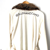 Soma Cream Robe with Faux Fur Trim and "@blushandcamo" Embroidered Back- Size S/M