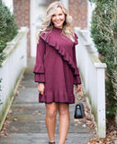 BP Long Sleeve Maroon Sweater Dress with Ruffle Details- Size XS