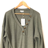 La Miel Green Waffle Knit Button Long Sleeve Top NWT- Size S
