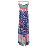 Magnolia Boutique Navy Floral Front and Back Cutout Wide Leg Strapless Jumpsuit- Size S (see notes)