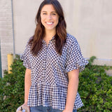 Dylan Navy/White Plaid Ruffle Sleeve & Bottom Top NWT- Size L