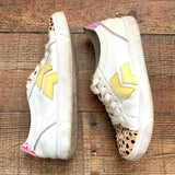 Dolce Vita White Laura Leopard Calf Hair Toe, Yellow Accents, Iridescent Heel Tab Sneakers- Size 7