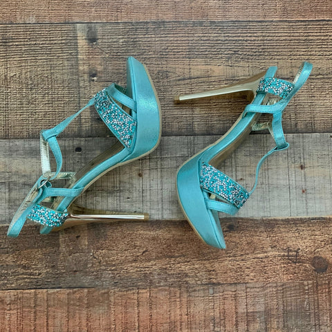 Beauty Heel Turquoise Glitter Strap Platform Stilettos- Size 8.5 (LIKE NEW)