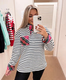 Crown & Ivy Ivory/Navy Striped with Plaid Pocket and Details Button Sweatshirt NWT- Size S