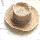 Hat Attack (Anthropologie) Brimmed Straw Hat with Pinstripe Bow Detail