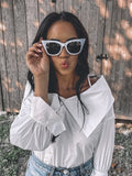 J.ING White Button Up Collared Off the Shoulder Blouse- Size ~XS