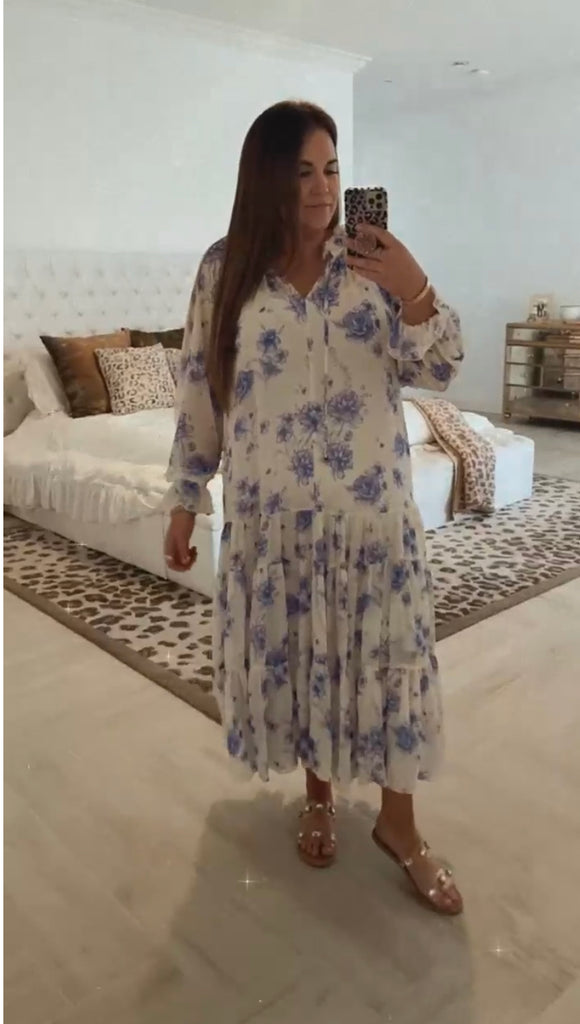 Free People Cream and Blue Floral Print Dress with Removable Slip- Siz The Saved Collection Free People Cream and Blue Floral Print Dress with Removable Slip- Siz The Saved Collection