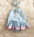 Smocked Auctions Ruffle Bathing Suit Monogrammed mMf- Size 12mo