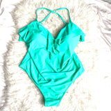 Fig Leaves Mint Plunge Neck Ruffle Padded One Piece- Size 16