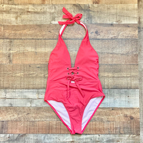 Cupshe Red Halter with Front Laces Padded One Piece- Size M