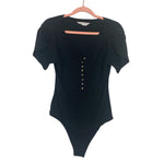 Downeast Black Puff Sleeve Button Front Thong Bodysuit- Size L